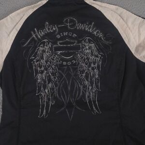 Harley-Davidson Shirt Womens Large Black Cream Full Zip Wings Rhinestone Graphic